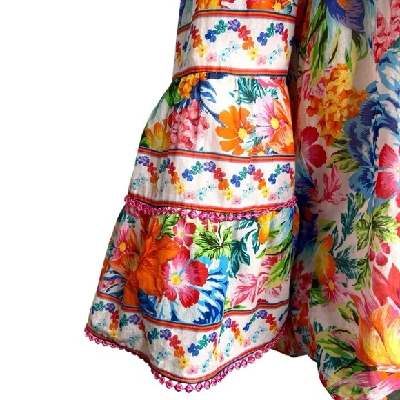 Hale Bob Top Lucinda Pink Orange Blue Floral Bell Sleeve Boho Resort Blouse M - Picture 8 of 15